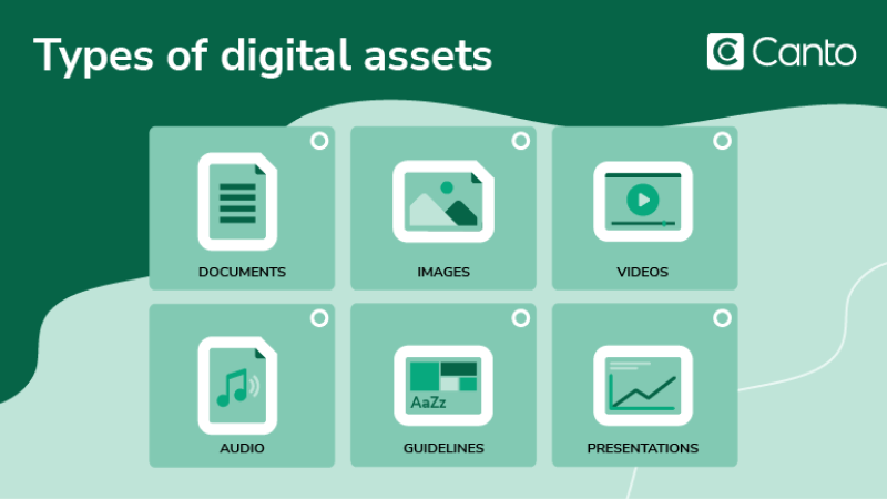 Sechs Haupttypen digitaler Assets: Dokumente, Bilder, Videos, Audio, Brand Guidelines und Präsentationen.