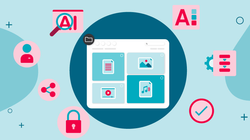 Das Interface einer Dateiverwaltungssoftware ist umgeben von Icons für Dokumente, Bilder, Videos und Musikdateien auf hellblauem Hintergrund, was die Arten von Marketing Assets symbolisiert.