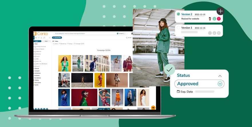 Kreatives Asset mit Genehmigungsstatus und KI-Funktionen zur Optimierung von Medien-Workflows.