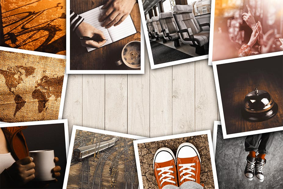 Several photos are arranges on a wooden backgound; they show various scenes and items such as shoes, hands holding a coffee mug and trains.