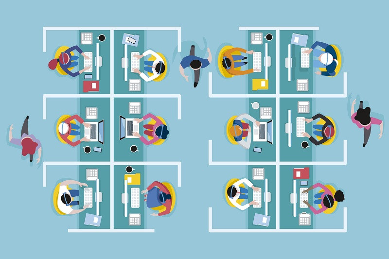 A group of workers in an office (animated).