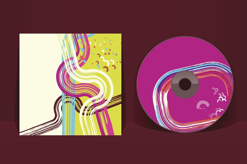 A colorful pink green and teal CD-Rom with a case over a maroon background.
