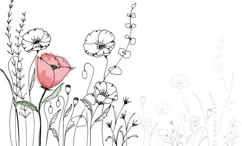 A drawn flower next to other flowers.