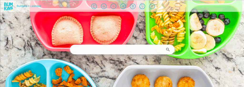 Bumkins logo + portal page with blank search bar over a background of prepped childrens meals: pb&j, pasta, fruit on coloful plates