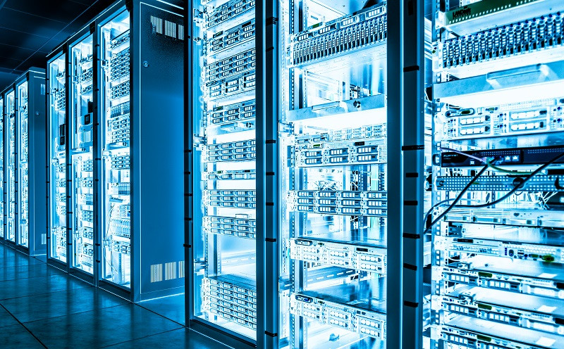 An image of refrigeration storage rows with all blue lighting