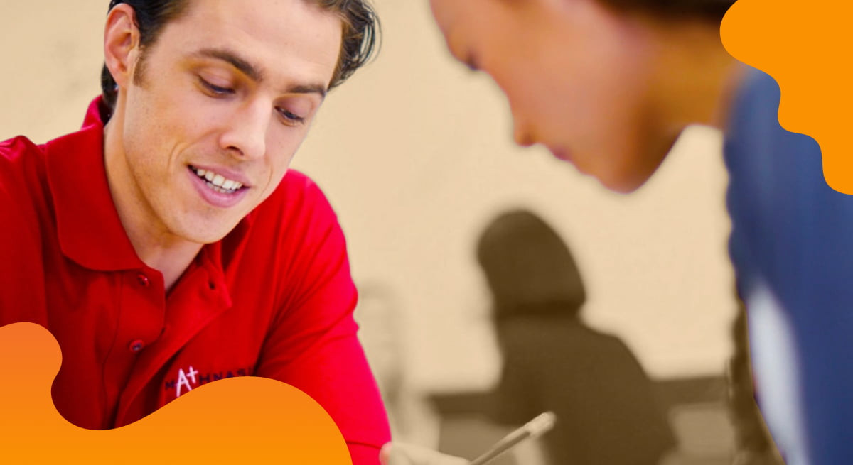 Mathnasium header image in orange showing tutor and student.