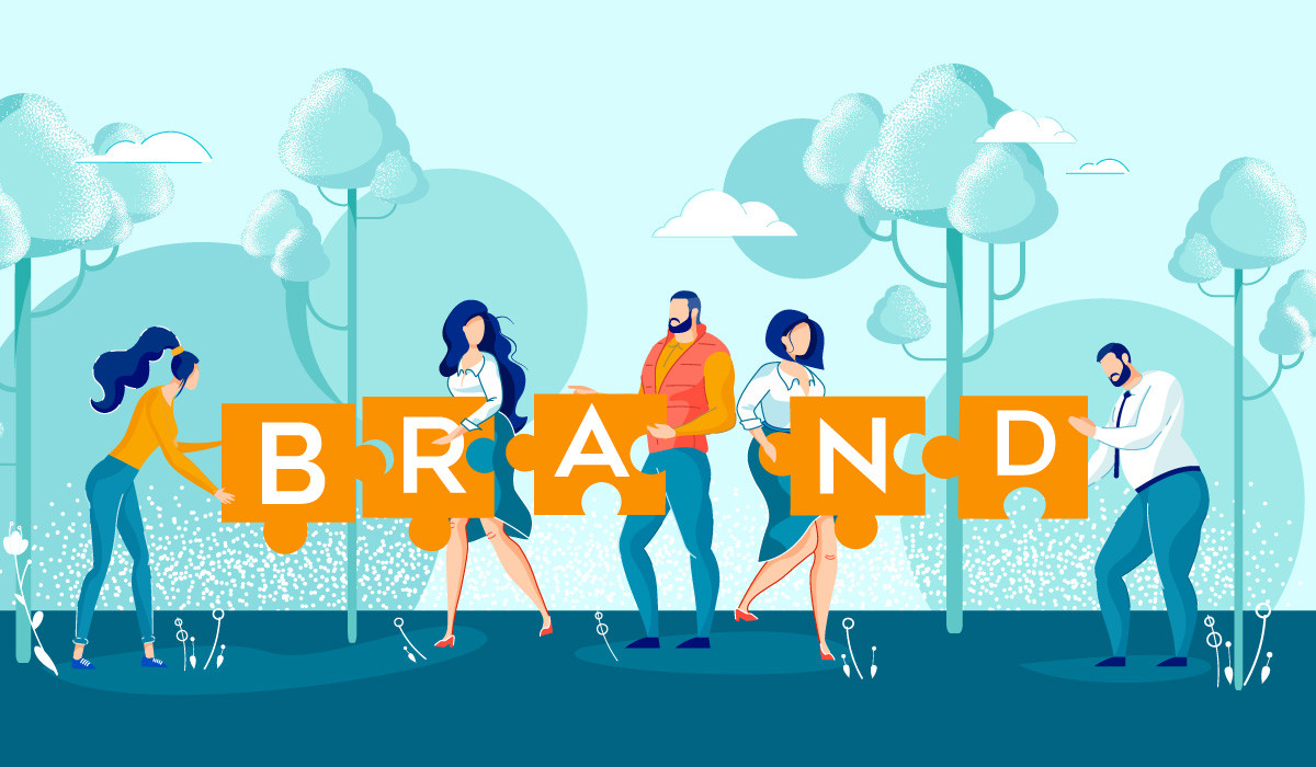 Numerous people holding 'brand' puzzle pieces.