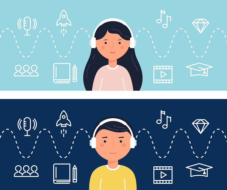 Two young learners listening to a podcast.