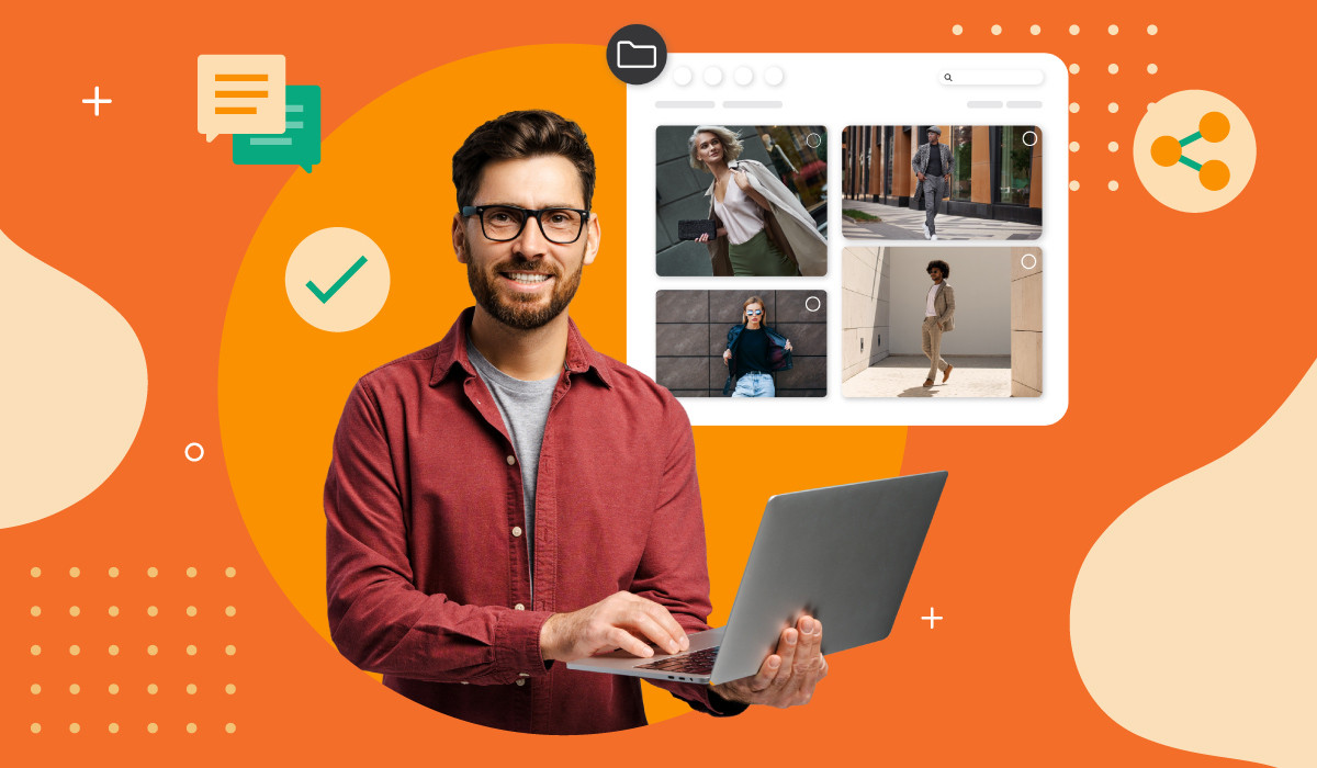 Man on laptop smiles with a dam library floats beside him with images of models walking and icons of comments, data and checkmarks float around, all over an orange background