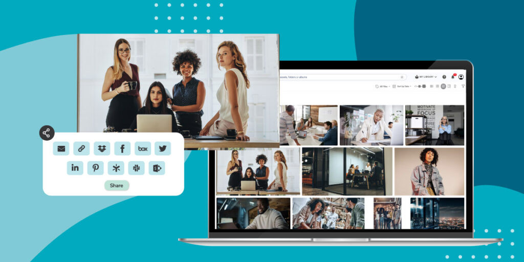A laptop with images of office life and a blown up image of four women on the computer sits at forefront with a block of sharing options overtop. All over a blue background.