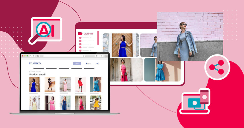 A laptop full of fashion imagery with a dam image library sits behind an image of a model in light blue with icons of AI search, sharing between devices and data float all over a red background