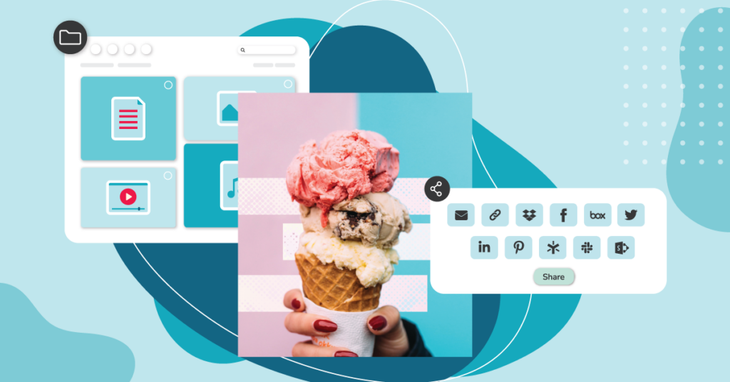 A three tiered image of an asset library with a large photo of an ice cream cone in center and a block with sharing options at the end all over a blue background
