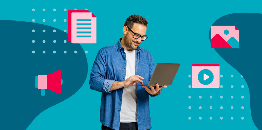 An image of a man in a blue shirt looks at his laptop, icons of a mega phone, documents and assets float above him all over a blue background