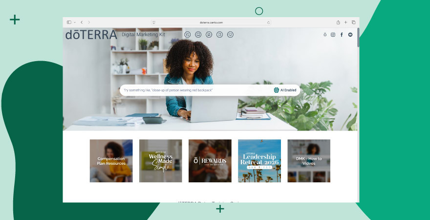 A screenshot of doTERRA's branded Digital Marketing Kit portal powered by Canto, showing an AI-enabled search bar, a hero image of a woman working on a laptop, and a grid of content categories including Compensation Plan Resources, Wellness Made Simple, Rewards, Leadership Retreat 2026, and DMK How-to Videos