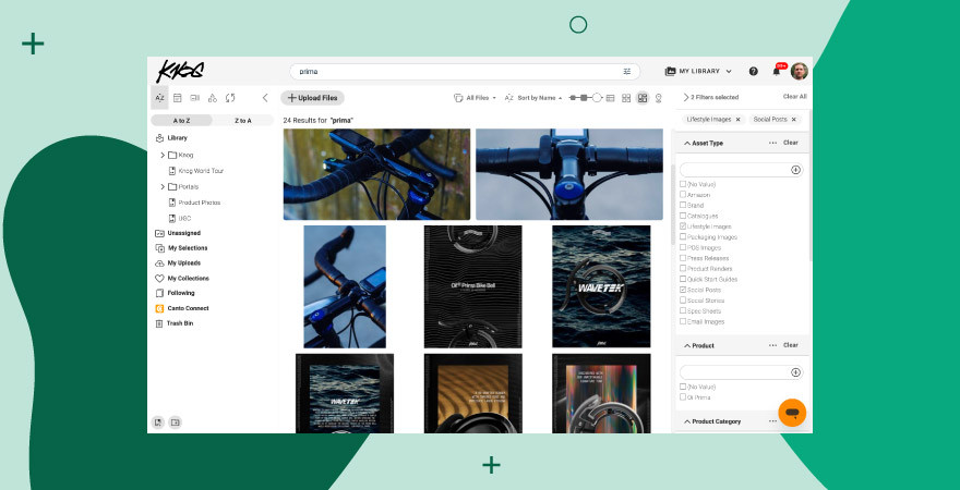 A screenshot of Knog's Canto DAM library showing 24 search results for 'prima,' featuring a grid of cycling product images and social posts filtered by lifestyle images and social posts asset types, with folder navigation on the left sidebar
