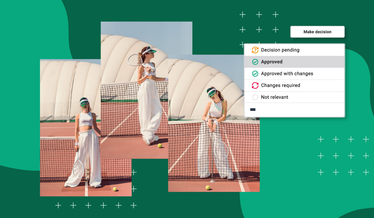 Alt text: Creative review in Canto online proofing software with a tennis photoshoot and decision options like approved, changes required, and not relevant.