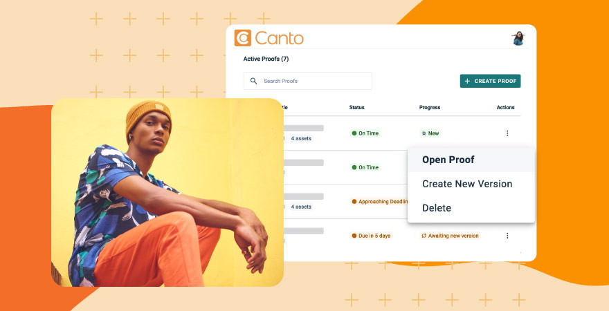 Canto online proofing software dashboard showing active proofs, deadlines, and versioning options alongside a fashion photo shoot preview.