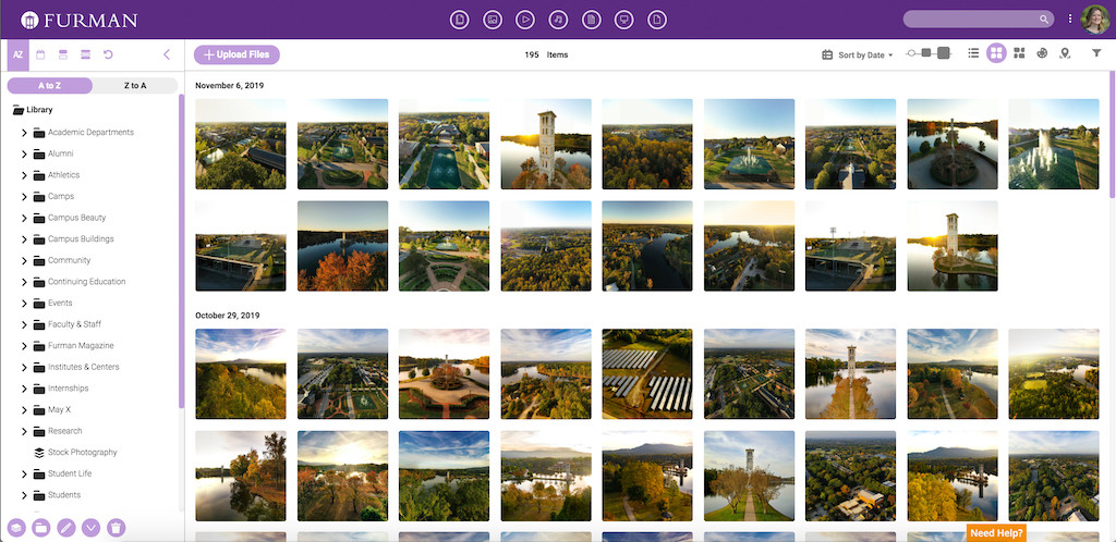 Furman University's Digital asset management system with images of the campus and agriculture