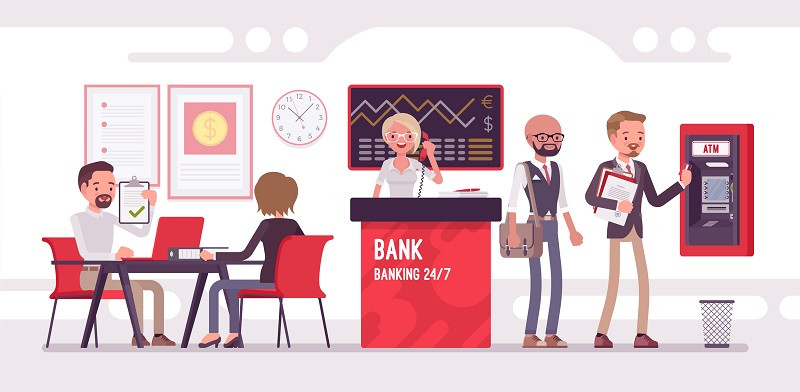 A bank lobby animated.