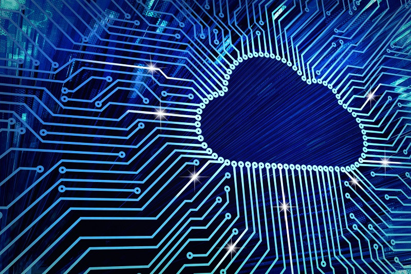 Blue circuits leading to a digital cloud.