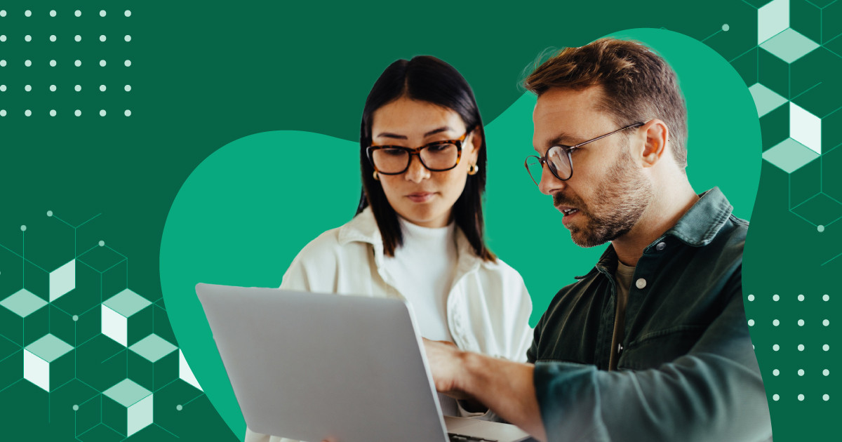 Two people on a laptop having a conversation over a green background.