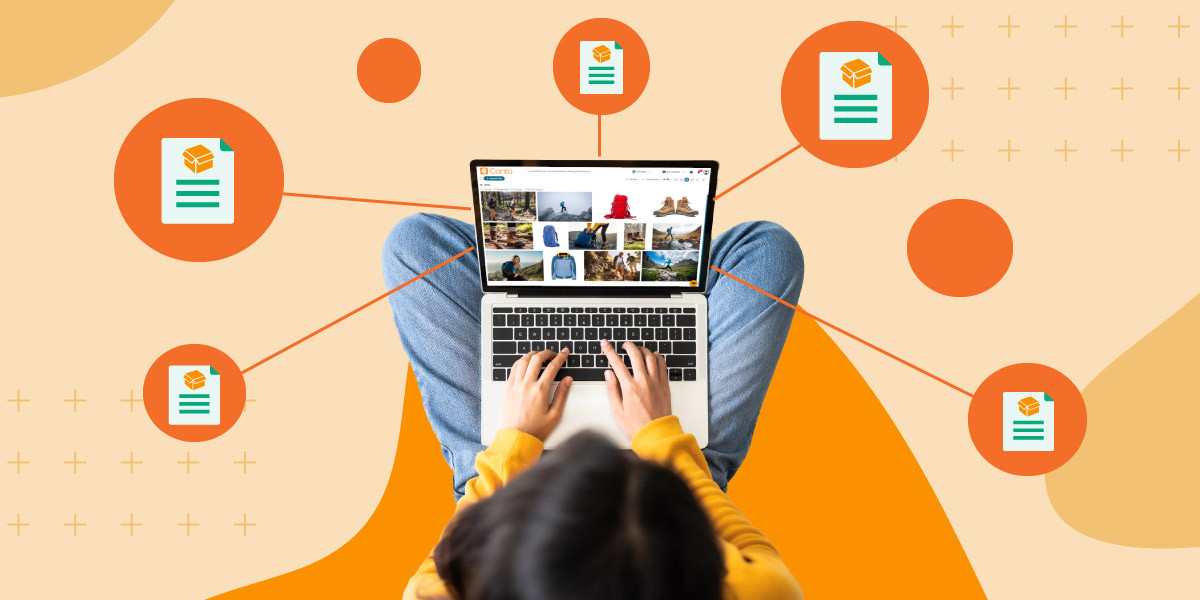 A birds eye view on a woman on her laptop sitting criss cross with drop share link icons floating around all over an orange background