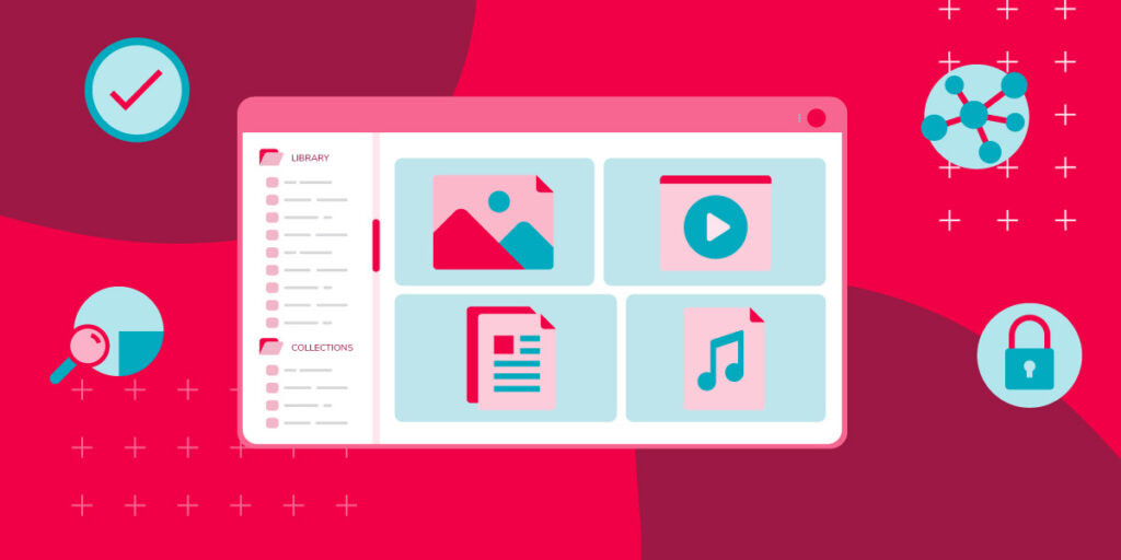 An image of a illustrated digital asset management system with icons of various assets floating around the DAM are blue icons of a checkmark, magnifying glass, lock and sharing all over a red background