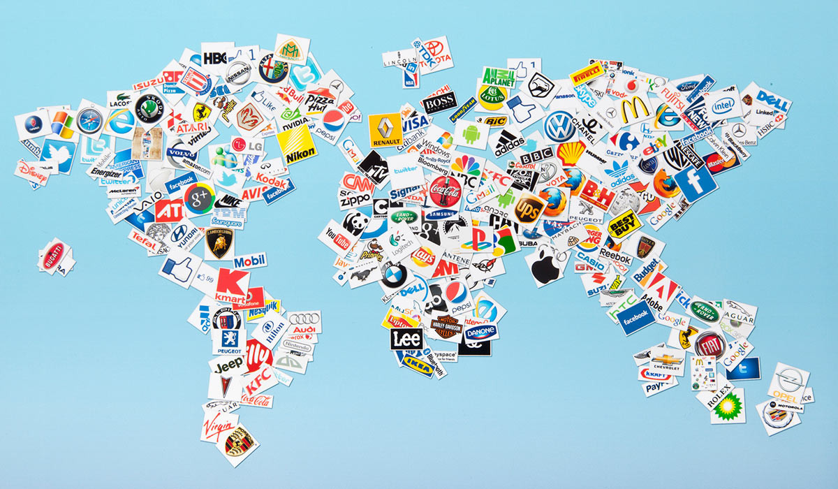 A world map with brands on different areas.