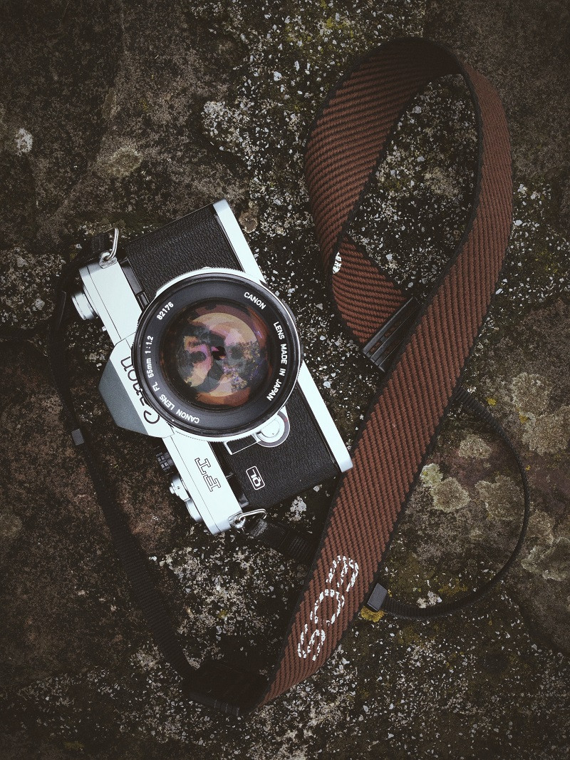A Canon camera on rocks.