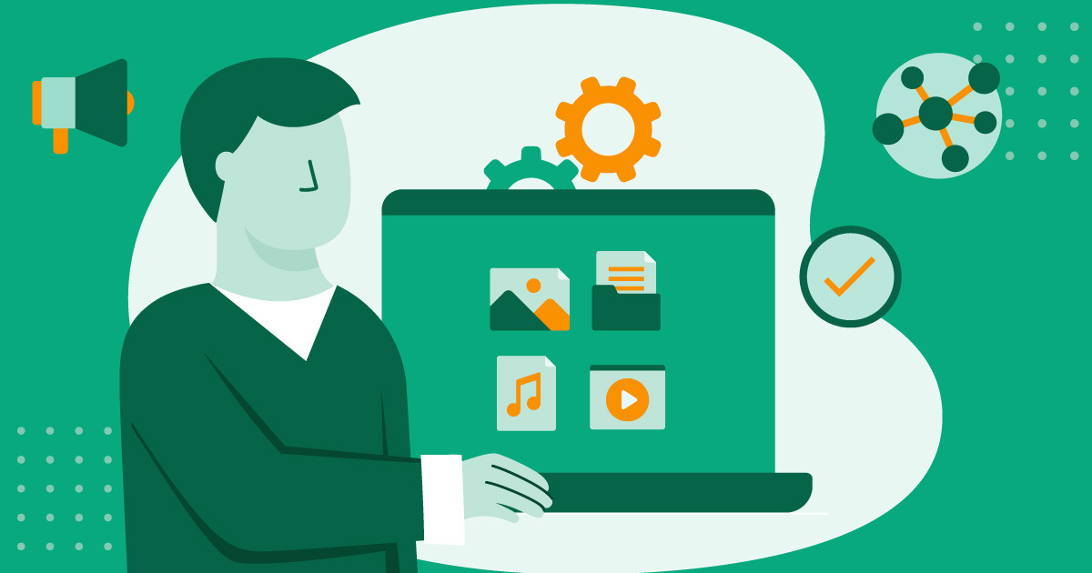 a green illustrated image of a man using a laptop with icons of various assets on screen while icons of a gear, megaphone, and checkmark float above