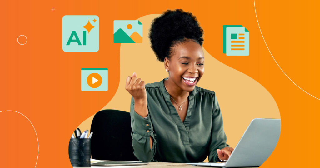 A woman in a silk green blouse cheers for herself while looking at her laptop with green icons of assets, documents and AI float around over an orange background