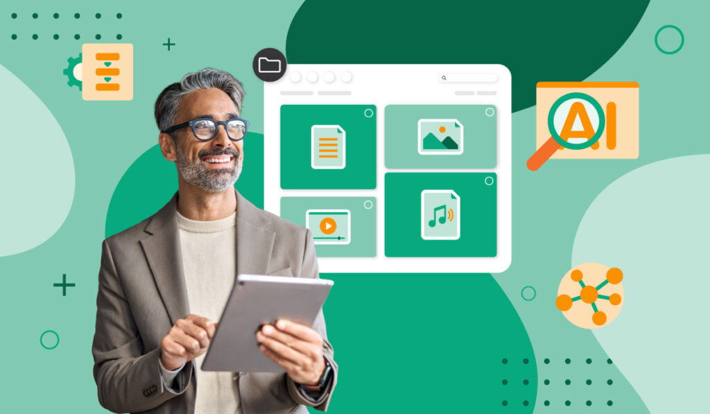 An image of a man in a grey blazer looks up from his tablet with a DAM system full of various assets is opened behind him and orange icons of AI search, workflow and sharing float around him all over a green background