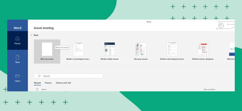 Microsoft word home page with a mouse hovering over the 'blank document' button all over a green background