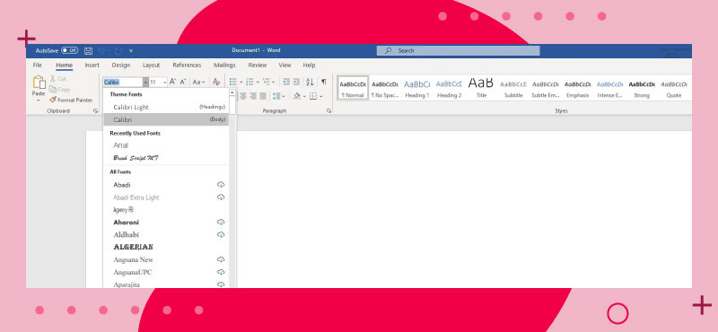 The Microsoft Word document open with the font tab open sharing all sorts of fonts on a red background