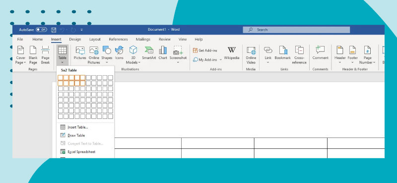 The Microsoft Word document open with the tables tab open with squares to create table blocks on a blue background