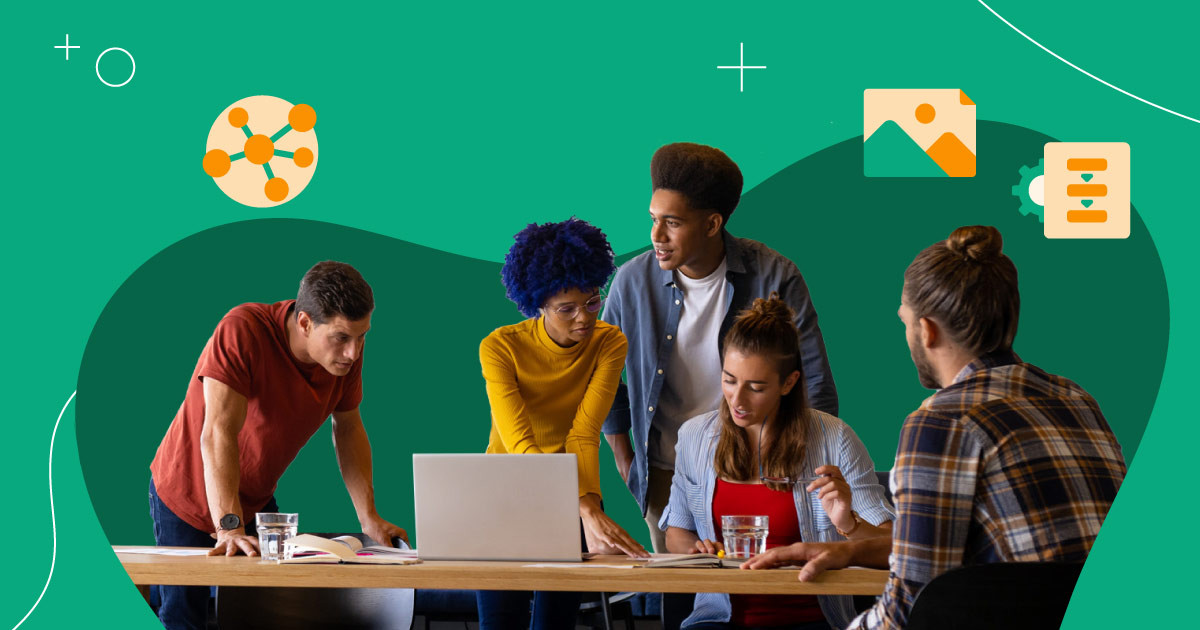 An image of a group of people looking at a laptop with orange illustrated icons of images, workflow and sharing all over a green background