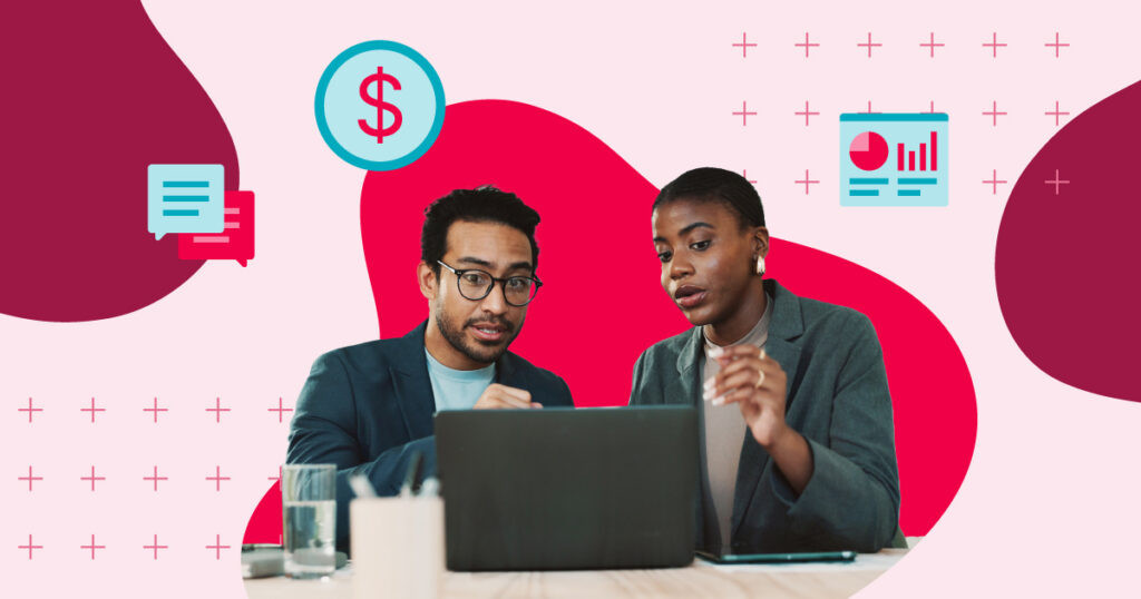 An image of a man and woman on a laptop having a disscuission with illustrated blue icons of a sales slide, costs, and collaboration over a red background