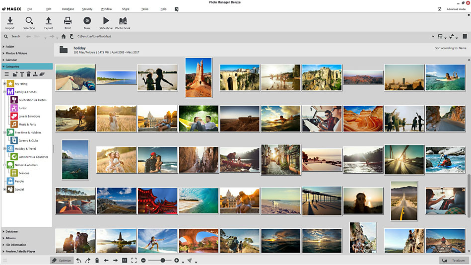 The digital asset management library with the sidebar opened highlighting the MAGIX photo management tool