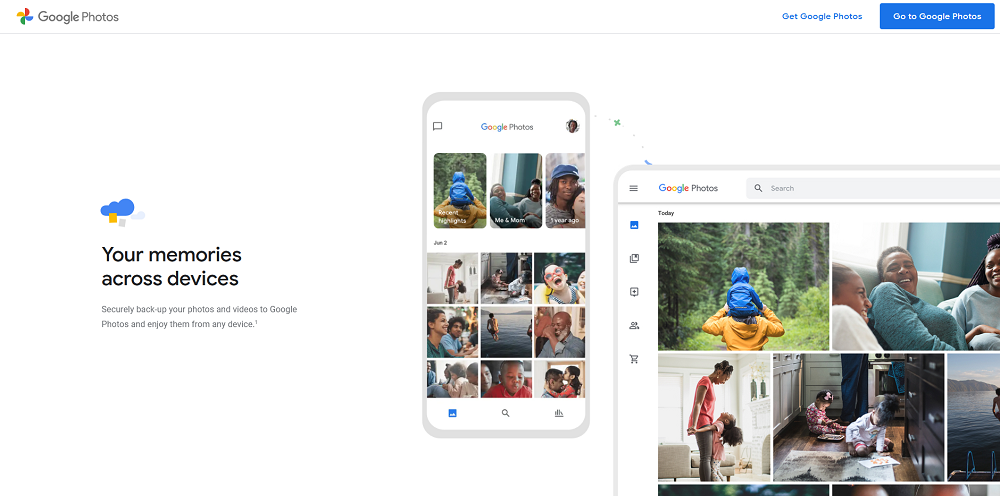 The Google Photos system with an image of a phone and laptop screens with images of happy families.
