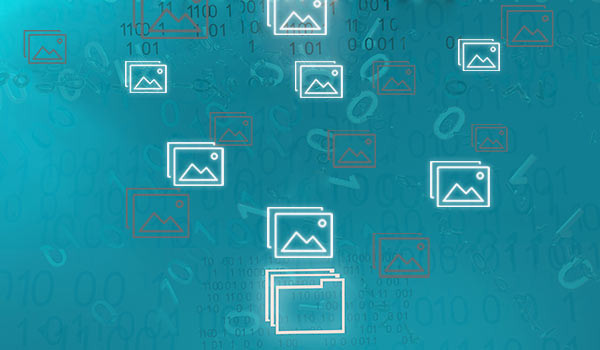 Floating digital icons over a blue background with code floating around.