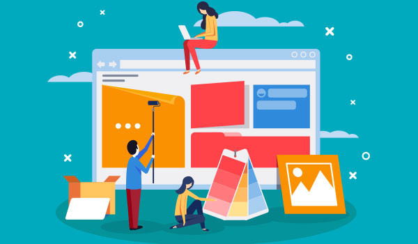 Illustrated people working on a website.