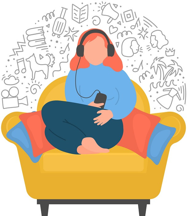 A woman listening to podcasts.