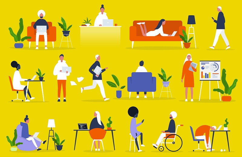 Different illustrated people working.