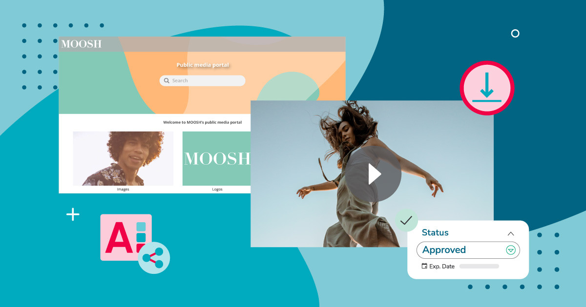 On-brand image of a woman being downloaded from a branded media portal over a blue background.
