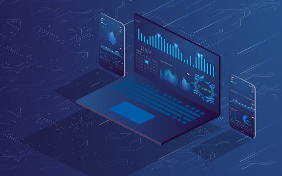 A computer with different graphs and images on the screen.