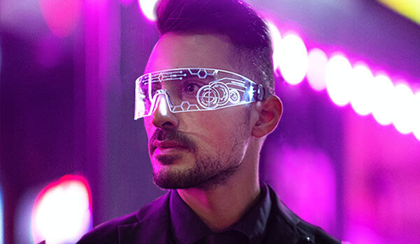 A futuristic pair of glasses on a person.