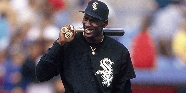 Michael Jordan in a baseball jersey.