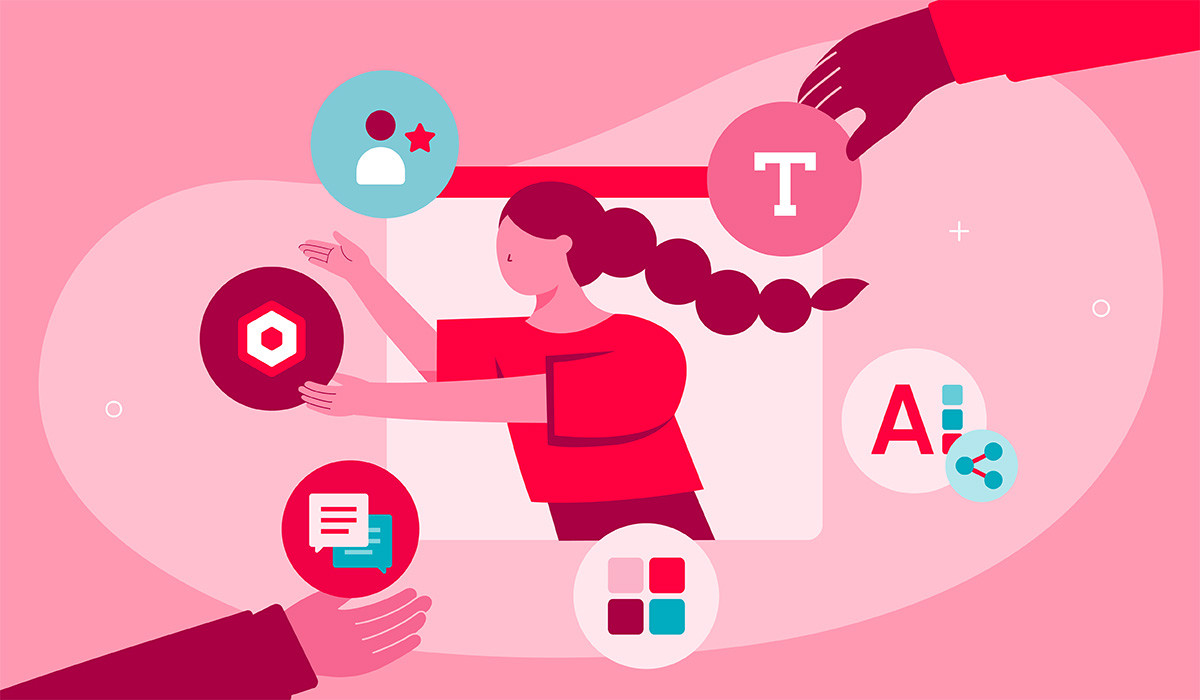 Woman building a magnetizing brand identity with brand elements over a red background.