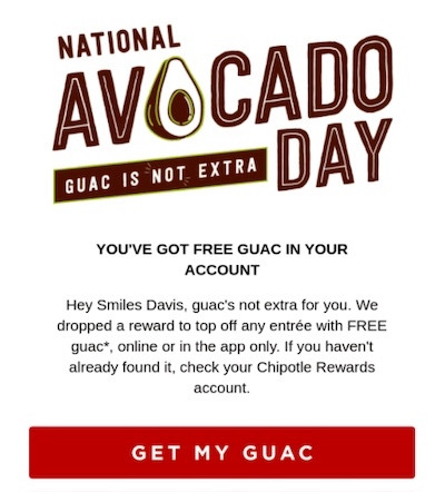 Email from Chipotle with CTA that says get my guac.