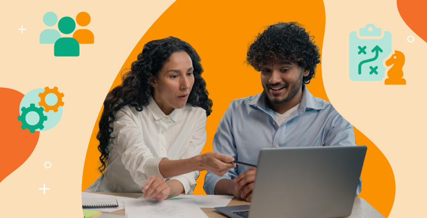 An image of two people on the computer with illustrated green icons of gears, people and obstacles all over an orange background
